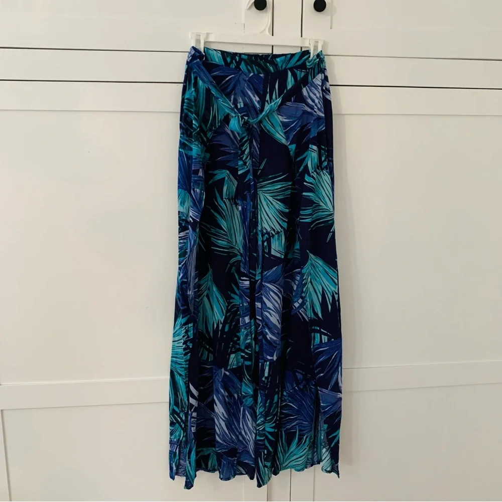 New Look Blue Rayon Boho Beach High Waist Side Slit Large Pants